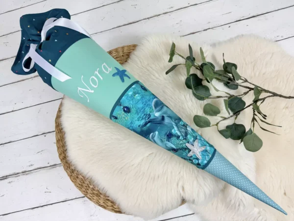 Schultüte aus Stoff mit Namen -  Delfine Unterwasserwelt mint, türkis (70cm, 85cm, 35cm) - Zuckertüte personalisiert, optional mit Kissen
