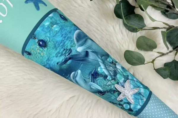 Schultüte aus Stoff mit Namen -  Delfine Unterwasserwelt mint, türkis (70cm, 85cm, 35cm) - Zuckertüte personalisiert, optional mit Kissen – Bild 2