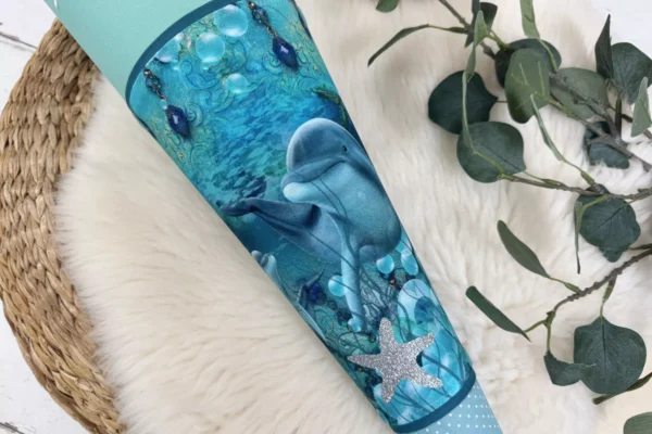 Schultüte aus Stoff mit Namen -  Delfine Unterwasserwelt mint, türkis (70cm, 85cm, 35cm) - Zuckertüte personalisiert, optional mit Kissen – Bild 2
