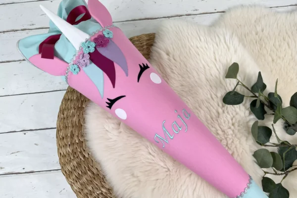 Schultüte aus Stoff mit Namen -  Einhorn Gesicht rosa, mint (70cm, 85cm) - Zuckertüte personalisiert, optional mit Kissen – Bild 3
