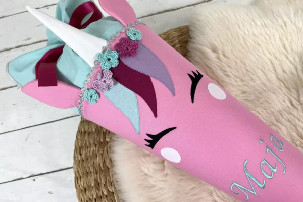 Schultüte aus Stoff mit Namen -  Einhorn Gesicht rosa, mint (70cm, 85cm) - Zuckertüte personalisiert, optional mit Kissen – Bild 2