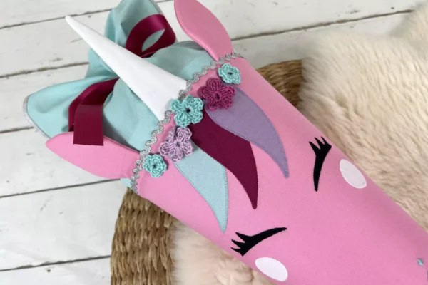 Schultüte aus Stoff mit Namen -  Einhorn Gesicht rosa, mint (70cm, 85cm) - Zuckertüte personalisiert, optional mit Kissen – Bild 4