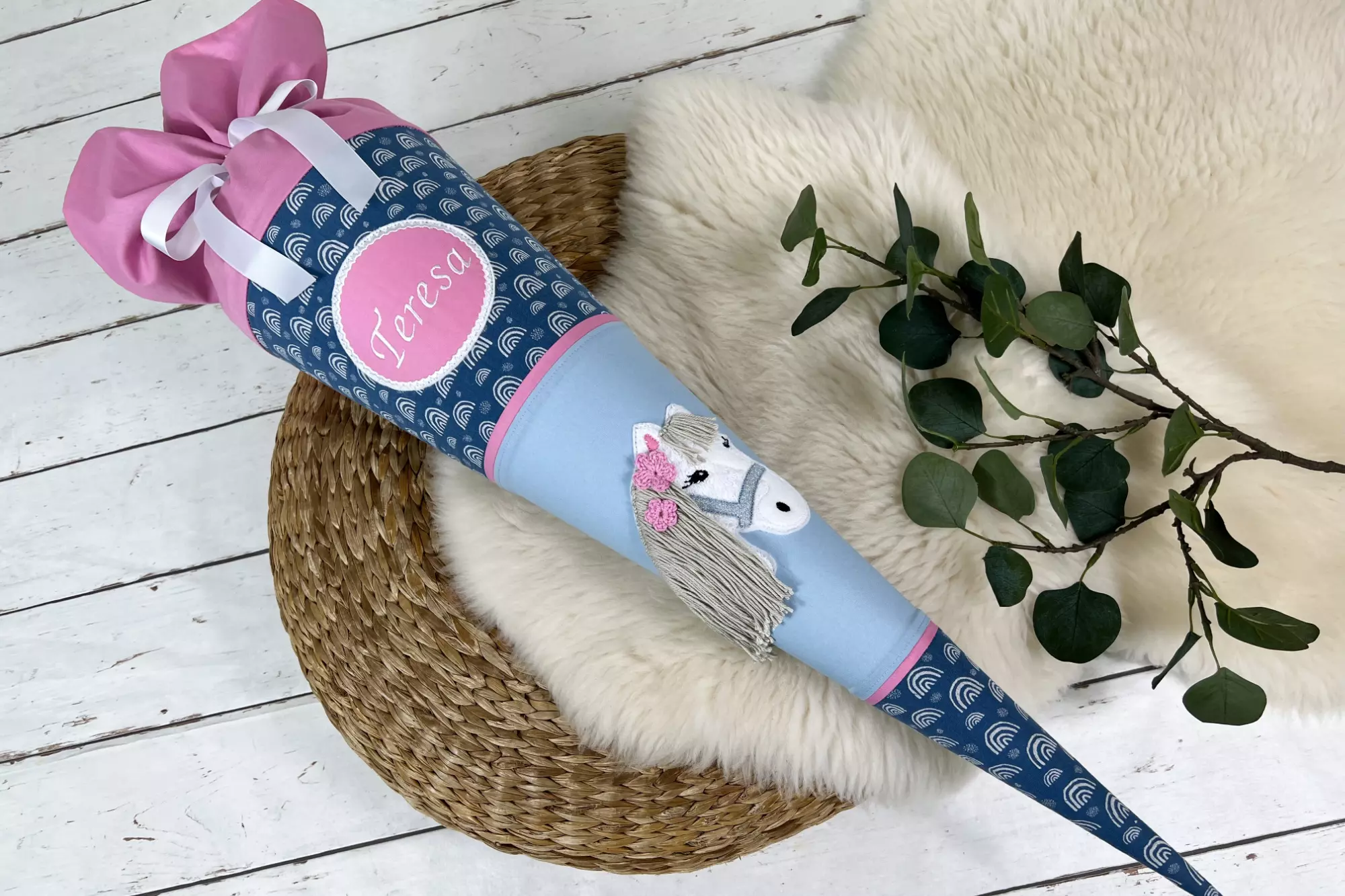 aus Stoff mit Namen - Pferdekopf mit Mähne in rosa, blau (70cm, 85cm) Zuckertüte personalisiert, optional mit Kissen - StoffeBox.de - Stoffe und handgemachte Geschenkartikel