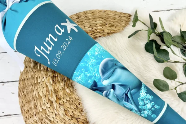 Schultüte mit Namen -  Delfine Meerestiere petrol, türkis (70cm, 85cm, 35cm) - Zuckertüte personalisiert, optional mit Kissen – Bild 2