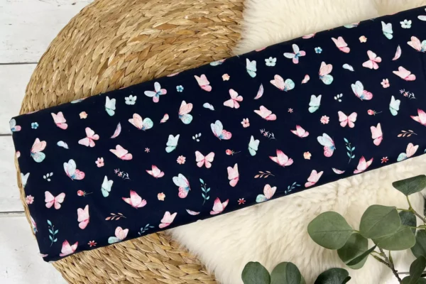 Baumwollstoff Popeline Webware – bunte Schmetterlinge in dunkelblau - Öko-Tex-100 – Bild 2