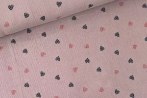 Musselin Stoff mit Herzen in rosa