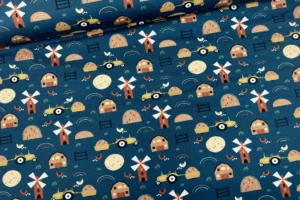Sweat Kinderstoff mit Bauernhof Motiv in jeansblau
