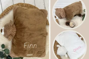 2 in 1 Namenskissen mit Namen bestickt als Teddybär oder Lahm