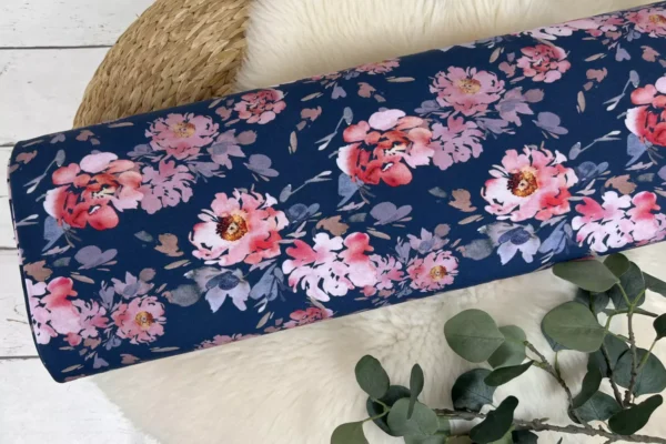 Jersey Stoff - große Blumen in Aquarell in blau - Öko Tex 100 – Bild 2