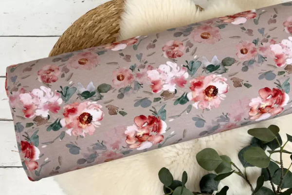 Jersey Stoff - große Blumen in Aquarell in taupe - Öko Tex 100 – Bild 2