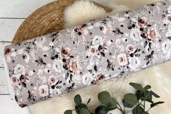 Reststück 25cm Ripp Jersey - große Blumen, Rosen sand - Öko-tex-100, Pflanzen, Blumenwiese – Bild 2