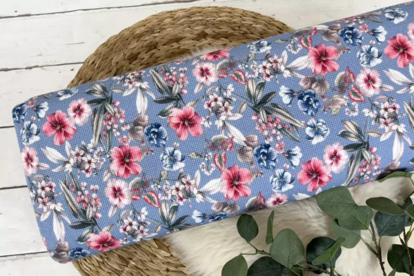 Waffeljersey - große Blumen, Pflanzen Muster in blau - Öko-tex-100 – Bild 2