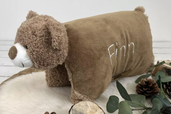 2 in 1 Namenskissen und Kuscheltier mit Namen bestickt als Teddybär