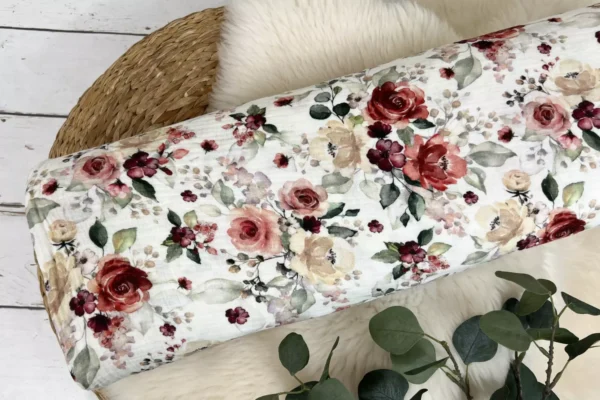 Musselin Stoff / Double Gauze - große Blumen, Rosen in ecru - Öko-Tex 100 – Bild 2