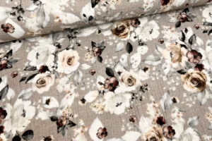 Musselin Stoff mit großen Rosen in taupe