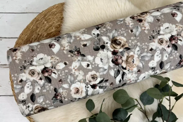 Musselin Stoff / Double Gauze - große Blumen, Rosen in taupe - Öko-Tex 100 – Bild 2