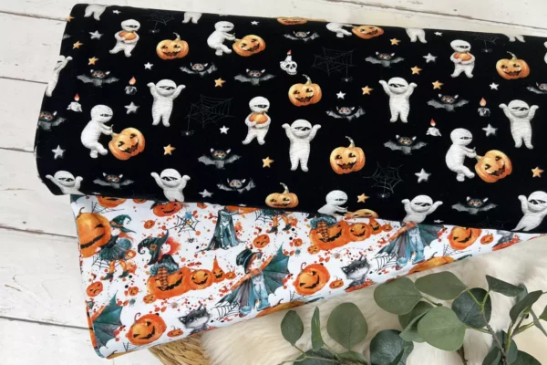 Stoffpaket halloween jersey stoff mit Mumien, kürbissen und hexen in schwarz und weiß