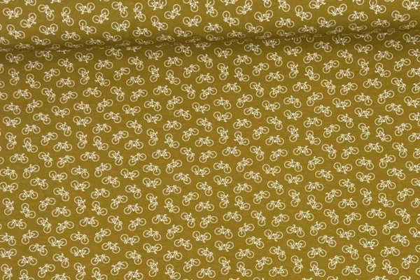 Jersey Stoff mit kleinen Fahrrad Motiven in senfgelb