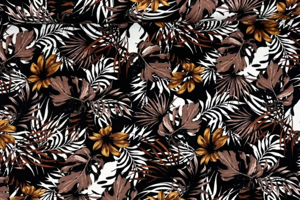 Viskosejersey mit großen Blätter Muster in schwarz