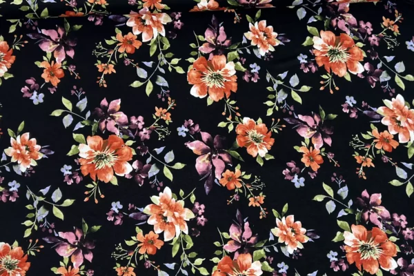 Viskosejersey - große Blumen in schwarz, terrakotta