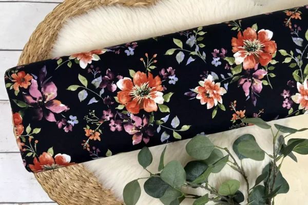 Viskosejersey - große Blumen in schwarz, terrakotta – Bild 2