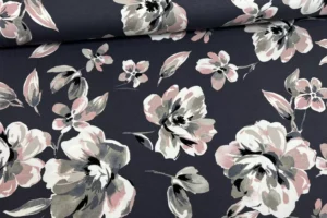 Viskosejersey mit großen Blumen Muster in dunkelgrau