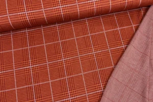 Jacquard Stoff stretch mit quadrat Pepita Karo Muster in dunkelorange, dunkelrot, weiß