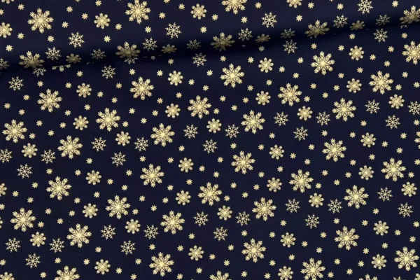 Weihnachtsstoff aus Baumwolle mit goldenen Schneeflocken Foliendruck in dunkelblau