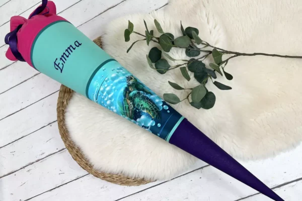 Schultüte aus Stoff mit Namen und Schildkröte in mint, und pink