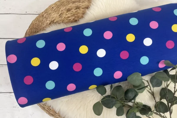 French Terry Stoff mit großen und bunten Punkten in royalblau