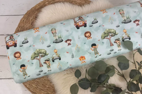 Jersey Stoff - Dschungel und Safari Tiere in pastellmint – Öko-Tex-100 – Bild 2