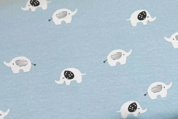 Jersey Stoff mit Elefanten Motiv in hellblau