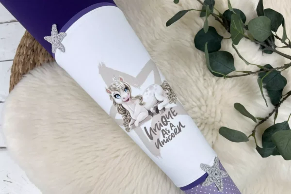 Schultüte mit Namen - Einhorn weiß, lila, flieder (70cm, 85cm) - personalisiert, optional mit Kissen – Bild 2