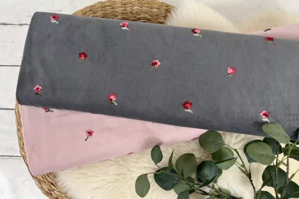 Feincord, Babycord - bestickte Blumen in grau - Öko-Tex 100 – Bild 3