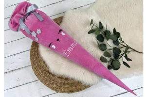 Schultüte aus Stoff mit Namen und Katze Applikation in pink