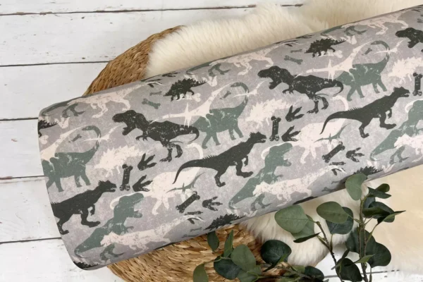 angerauter Jogger Stoff gemustert mit Dinosaurier Motiv in taupe