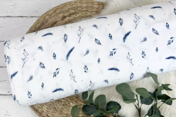 Musselin Stoff / Double Gauze - blaue Zweige, Blätter und Pflanzen in weiß – Öko-Tex-100 – Bild 2