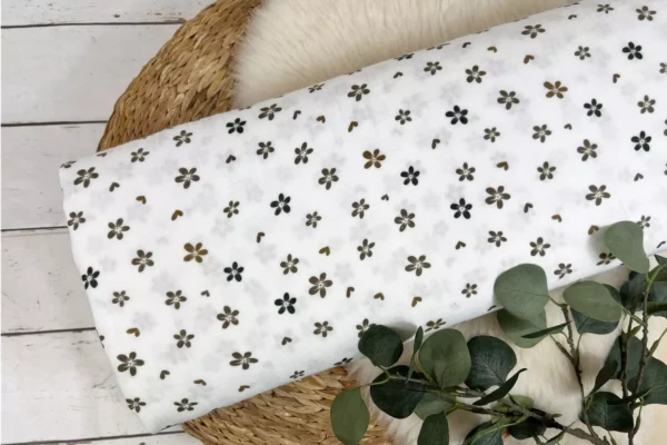 Musselin Stoff / Double Gauze - kleine taupe, braune Blümchen in weiß - Öko-Tex-100 – Bild 2
