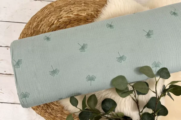 Musselin Stoff / Double Gauze - bestickte Ginkgo Blätter in soft mint - Öko-Tex-100 – Bild 2