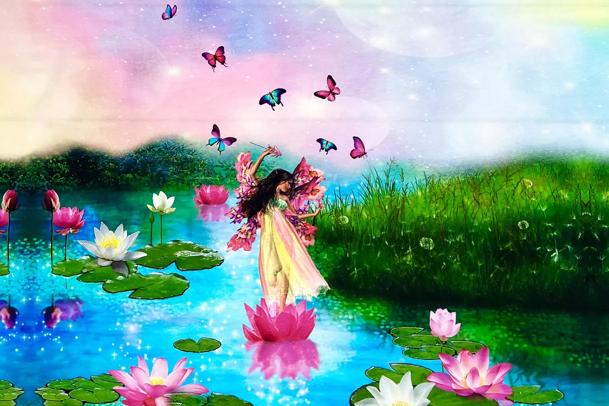 Jersey Stoff Panel -buntes Elfen und Schmetterling Motiv 75cm x