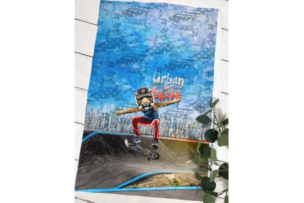 Jersey Stoff Stoff Panel mit coolem Skateboard Motiv in blau