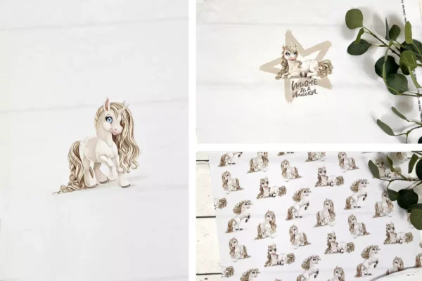 French Terry Stoff Panel mit Baby Einhorn Motiven in weiß