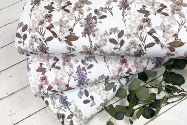 Waffeljersey Stoff – Blumen und Pflanzen Muster in weiß, mauve, lila – Öko-tex-100 – Bild 3