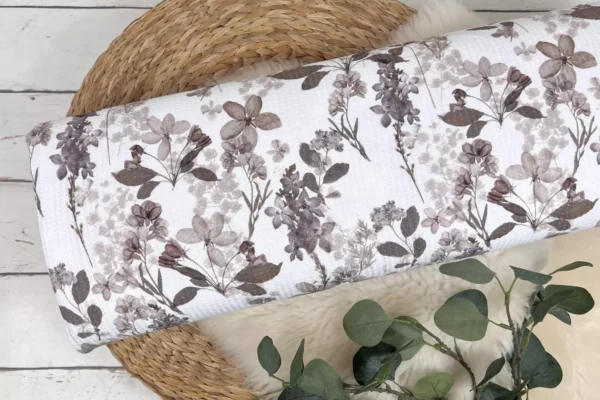 Waffeljersey Stoff – Blumen und Pflanzen Muster in weiß, erdfarben – Öko-tex-100 – Bild 2