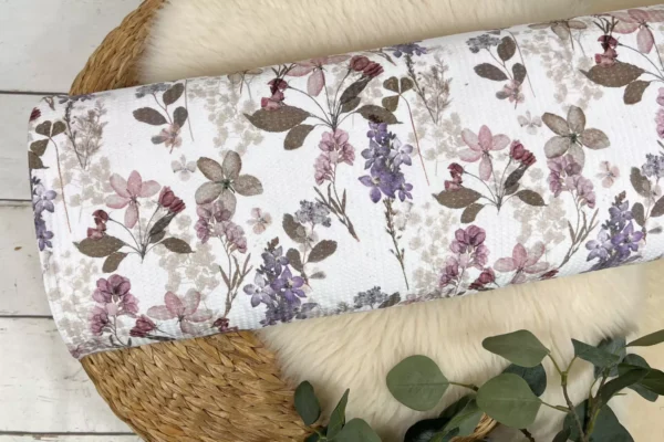 Waffeljersey Stoff – Blumen und Pflanzen Muster in weiß, mauve, lila – Öko-tex-100 – Bild 2