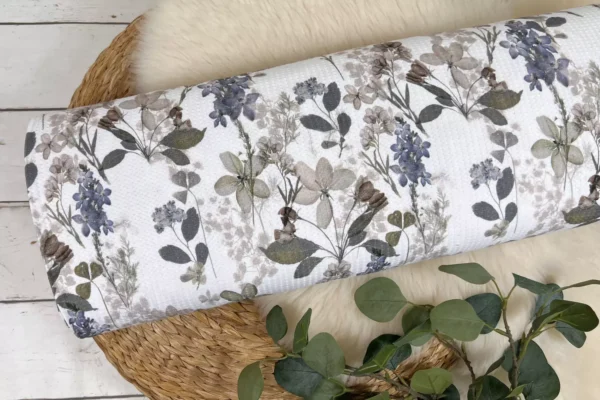 Waffeljersey Stoff – Blumen und Pflanzen Muster in weiß, sand, flieder – Öko-tex-100 – Bild 2