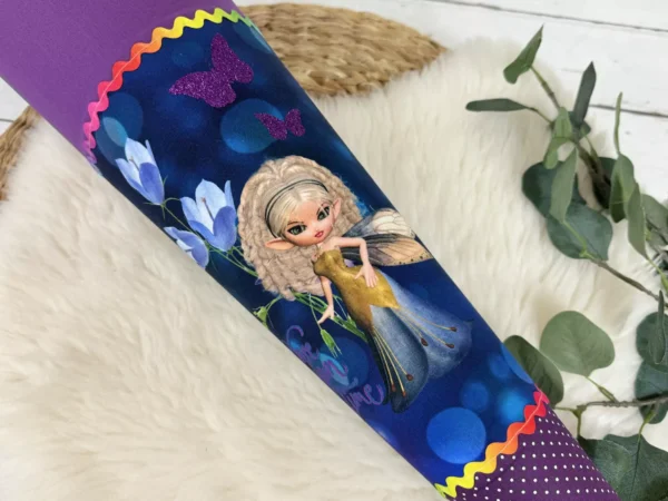 Schultüte aus Stoff mit Namen - Fee Motiv in lila, dunkelblau (70cm, 85cm) optional mit Kissen – Bild 2
