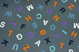 French Terry Stoff mit bunten Buchstaben in grau