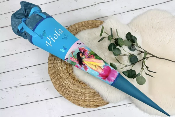 Schultüte mit Namen – Elfen und Feen petrol, türkis (70cm, 85cm) – Bild 3