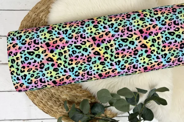 Baumwolljersey Stoff - Regenbogen Farben mit Leoprint Muster - Öko-Tex-100 – Bild 2